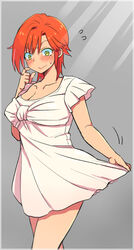  blush breasts cleavage closed_mouth collarbone commentary_request dress eroe female finger_to_cheek flying_sweatdrops green_eyes igarashi_kyou_(eroe) orange_hair original photoshop_(medium) short_dress short_hair short_sleeves skirt_hold smile solo sundress sweatdrop wavy_mouth white_dress 