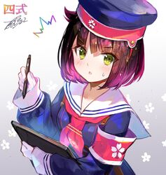  artist_name black_hair blue_hat blue_shirt character_name commentary_request drawing drawing_tablet female fuzichoco girls&#039;_frontline gloves green_eyes hat highres holding holding_drawing_tablet holding_pencil long_sleeves looking_at_viewer neckerchief pencil red_neckerchief sailor_collar shirt short_hair sleeves_past_wrists solo type_4_(girls&#039;_frontline) white_gloves white_sailor_collar 