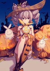  absurdres alternate_costume asymmetrical_gloves asymmetrical_legwear bare_shoulders bat_(animal) bronya_zaychik bronya_zaychik_(snowy_sniper) closed_mouth doll drill_hair earrings elbow_gloves female ghost gloves grey_eyes grey_hair hair_between_eyes halloween halloween_costume hat highres homu_(honkai_impact) honkai_(series) honkai_impact_3rd hugging_doll hugging_object jewelry kneehighs looking_at_viewer mismatched_gloves moon_(ornament) night night_sky orange_gloves orange_legwear pumpkin shenhaishuli shorts sitting sky socks solo star_(sky) star_(symbol) twin_drills uneven_gloves uneven_legwear witch witch_hat 