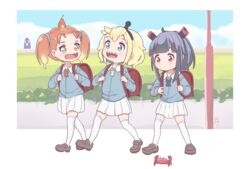  3girls aged_down amano_pikamee bag black_hair blonde_hair commentary crab fangs fire gyari_(bird) highres hikasa_tomoshika jitomi_monoe multiple_girls open_mouth owlsoda red_eyes red_hair school_bag sharp_teeth short_hair skirt teeth twintails virtual_youtuber voms walking white_skirt yellow_eyes 