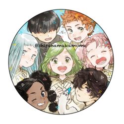  2boys 5girls :d ^_^ afro_puffs agate_(tongari_boushi_no_atelier) aqua_eyes aqua_hair black_hair blue_eyes blue_hair blunt_bangs bob_cut border brushbug circle_formation clenched_hands closed_eyes coco_(tongari_boushi_no_atelier) covered_eyes creature curly_hair dark-skinned_female dark_skin dot_nose eunie_(tongari_boushi_no_atelier) everyone expressionless eyebrows_hidden_by_hair facing_viewer floating_hair from_side green_eyes green_hair grin hair_behind_ear hair_over_eyes hair_over_one_eye hands_up happy jujy_(tongari_boushi_no_atelier) light_blue_hair light_green_hair light_smile lolicon long_hair long_sleeves looking_to_the_side lower_teeth_only multi-tied_hair multiple_boys multiple_girls official_art one_eye_closed one_eye_covered open_mouth orange_hair parted_bangs parted_hair parted_lips pink_hair portrait purple_eyes reverse_trap riche_(tongari_boushi_no_atelier) round_image round_teeth shirahama_kamome short_bangs short_hair signature smile straight-on straight_hair swept_bangs tareme tartah_(tongari_boushi_no_atelier) teeth tethia_(tongari_boushi_no_atelier) tongari_boushi_no_atelier tongue transparent_border twintails twitter_username two_side_up upper_body wavy_hair 