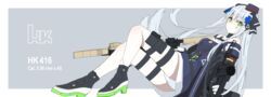  assault_rifle bangs bare_shoulders blunt_bangs blush breasts character_name eyebrows_visible_through_hair facial_mark female german_flag girls_frontline green_eyes gun h&amp;k_hk416 hair_ornament hairband highres hk416_(girls_frontline) holding holding_gun holding_weapon long_hair long_sleeves medium_breasts mikoto_(oi_plus) mod3_(girls_frontline) panties ribbon rifle silver_hair simple_background solo teardrop underwear weapon white_panties 