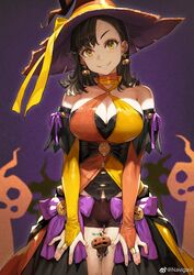  absurdres bare_shoulders between_thighs black_hair breasts bridal_gauntlets brown_shorts cleavage commentary cross cross_earrings dress earrings female food-themed_earrings grin halloween halloween_costume halterneck hat highres jack-o&#039;-lantern jack-o&#039;-lantern_earrings jewelry jun_(navigavi) large_breasts medium_hair multicolored_clothes multicolored_dress original parted_bangs person_between_thighs shorts skirt smile struggling symbol-only_commentary thighs weibo_logo weibo_watermark witch_hat yellow_eyes 