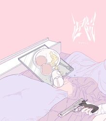  bed bed_sheet cup eguchi_saan female food fork gun holding holding_gun holding_weapon original out_of_frame pancake pillow pink_background plate scrambled_egg solo spill tray weapon 