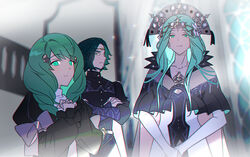  1boy 2girls bad_id bad_twitter_id brother_and_sister closed_mouth crossed_arms crown fire_emblem fire_emblem:_three_houses flayn_(fire_emblem) flower garreg_mach_monastery_uniform green_eyes green_hair hair_flower hair_ornament korean_commentary long_hair long_sleeves multiple_girls rhea_(fire_emblem) seteth_(fire_emblem) short_hair siblings smile tiara uniform upper_body vo1ez 