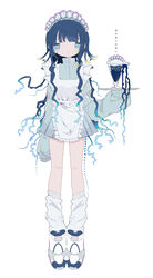  alternate_costume apron aqua_eyes bangs blue_hair blunt_bangs eguchi_saan enmaided expressionless female frilled_apron frills full_body gradient_hair highres jellyfish long_hair long_sleeves maid maid_apron maid_headdress multicolored_hair original personification simple_background sleeves_past_fingers sleeves_past_wrists solo standing very_long_hair white_apron white_background zipper 