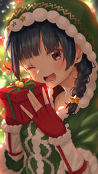  ;d black_hair blunt_bangs blurry blurry_background box braid christmas collarbone commentary_request female fingerless_gloves fur-trimmed_gloves fur_sweater fur_trim gift gift_box gloves green_sweater hair_over_shoulder highres holding holding_box hood hood_up hooded_sweater long_sleeves looking_at_viewer love_live! love_live!_sunshine!! one_eye_closed open_mouth photoshop_(medium) purple_eyes red_gloves single_braid smile solo sparkle star_(symbol) sweater take-run-atelier tsushima_yoshiko upper_body 