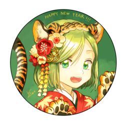  :d animal_ear_fluff animal_ears animal_hands backlighting bob_cut border chinese_zodiac circle close-up coco_(tongari_boushi_no_atelier) english_text fake_animal_ears fake_tail fangs female floral_print flower from_side gloves green_background green_eyes green_hair hair_between_eyes hair_ornament hairband han&#039;eri hands_up happy_new_year japanese_clothes kanzashi kimono leaf_print light_green_hair looking_at_viewer looking_to_the_side muted_color nengajou new_year official_art open_mouth parted_bangs paw_gloves portrait print_kimono red_flower red_kimono round_image round_teeth shirahama_kamome short_hair signature simple_background smile solo straight_hair tail tail_raised teeth tiger_ears tiger_girl tiger_paws tiger_stripes tiger_tail tongari_boushi_no_atelier transparent_border upper_teeth_only white_flower year_of_the_tiger 