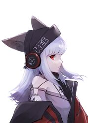  animal_ears arknights backlighting black_headwear black_neckwear commentary detached_sleeves e-bushi ears_through_headwear female floating_hair fox_ears from_side frostleaf_(arknights) grey_shirt headphones_over_headwear highres jacket long_hair long_sleeves looking_at_viewer material_growth off-shoulder_shirt off_shoulder oripathy_lesion_(arknights) oversized_clothes parted_lips profile red_eyes red_jacket scarf shirt sidelocks simple_background solo white_background white_hair woollen_cap 