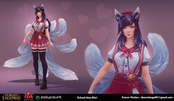  3d absurdres adapted_uniform ahri_(league_of_legends) animal_ears bell blair_armitage commentary email_address english_commentary female highres jingle_bell league_of_legends long_hair multiple_tails purple_hair school_uniform skirt solo suspender_skirt suspenders tail thighhighs yellow_eyes 