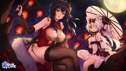  2girls animal_ears arm_warmers azur_lane bare_shoulders black_hair bow breasts brown_thighhighs cat_ears china_dress chinese_clothes cleavage commentary_request copyright_name crossed_legs detached_sleeves dress feather_boa full_moon garter_straps hair_ornament hairbow highres holding holding_umbrella lantern large_breasts long_hair looking_at_viewer medium_breasts meteor_shower moon multiple_girls nagu night night_sky official_alternate_costume official_art oil-paper_umbrella one_eye_closed paper_lantern parted_lips pelvic_curtain red_bow red_dress red_eyes sitting sky sleeveless sleeveless_dress smile star_(sky) starry_sky taihou_(azur_lane) taihou_(phoenix&#039;s_spring_song)_(azur_lane) thighhighs thighs tree umbrella very_long_hair watermark white_dress white_hair yukikaze_(azur_lane) yukikaze_(winter&#039;s_snowy_wind)_(azur_lane) 