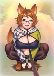  ahoge animal_ear_fluff animal_ears artist_name black_collar breasts brown_footwear brown_hair brown_pantyhose brown_tail cleavage cloudxmoe collar commentary commission cropped_hoodie dog_girl drawstring edie_crop_hoodie english_commentary female full_body glasses green_eyes green_nails head_tilt highres hood hoodie indie_virtual_youtuber large_breasts leash long_sleeves looking_at_viewer medium_hair meme_attire mint_castella navel open_mouth pantyhose red-framed_eyewear semi-rimless_eyewear shadow solo squatting tail tareme under-rim_eyewear viewer_holding_leash virtual_youtuber 