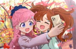  2girls :d ^_^ ahoge alternate_hairstyle anisakisu aqua_jacket autumn autumn_leaves blurry blurry_background blush braid brown_hair cellphone closed_eyes commentary crown_braid day depth_of_field falling_leaves french_braid grey_jacket hair_ornament hairclip happy headdress heart heart_hair_ornament highres holding holding_phone jacket kiratto_pri_chan laughing leaf long_bangs long_hair momoyama_mirai multiple_girls nijinosaki_dia open_mouth outdoors park phone pretty_series purple_eyes selfie sidelocks smartphone smile star_(symbol) star_hair_ornament taking_picture tree twintails upper_body yuri 