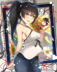  bangs bare_shoulders belt blush breasts doll earrings female flower highres holding holding_doll jewelry large_breasts long_hair looking_at_viewer multicolored multicolored_background open_mouth original ponytail red_ribbon ribbon shiny shorts star_(sky) string string_of_fate sunflower vierzeck yellow_eyes 