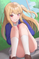  blonde_hair blue_jacket blue_sky blush bow bowtie clenched_teeth collared_shirt commentary convenient_leg dress_shirt dutch_angle feet_out_of_frame female floating_hair grey_skirt highres hoshino_ruby isolatte jacket kneehighs knees_up loafers long_hair looking_at_viewer miniskirt mismatched_pupils one_side_up oshi_no_ko outdoors pink_bow pink_bowtie pink_eyes red_eyes school_uniform shirt shoes sidelocks sitting skirt sky smile socks solo star-shaped_pupils star_(symbol) symbol-shaped_pupils teeth thighs uniform white_shirt white_socks youtou_high_school_uniform 