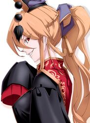  absurdres alternate_hairstyle arm_up black_dress black_headwear blonde_hair blush braid chinese_clothes colored_eyelashes commentary_request dress evil_grin evil_smile female french_braid from_side gold_trim grin hair_between_eyes hair_ribbon highres junko_(touhou) kikoka_(mizuumi) long_hair long_sleeves looking_at_viewer looking_to_the_side phoenix_crown pom_pom_(clothes) ponytail print_tabard red_eyes ribbon sideways_glance simple_background sleeves_past_fingers sleeves_past_wrists smile solo standing tabard tassel teeth touhou upper_body white_background wide_sleeves 