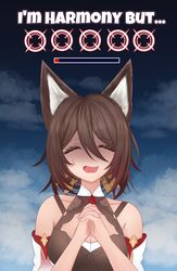  absurdres animal_ear_fluff animal_ears bare_shoulders breasts brown_dress brown_hair cleavage closed_eyes detached_sleeves dress female fox_ears fox_girl gameplay_mechanics gradient_sleeves hair_between_eyes health_bar highres honkai:_star_rail honkai_(series) i&#039;m_a_healer_but..._(meme) jewelry kisuumi large_breasts looking_at_viewer meme ponytail solo tingyun_(honkai:_star_rail) 