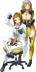  2girls :3 ;q bodysuit breasts brown_hair chair cleavage crossed_legs gloves gunila_groener hair_ornament hairclip hat katrina_company lab_coat large_breasts light_brown_hair long_sleeves looking_at_viewer multiple_girls notepad office_chair official_art one_eye_closed sitting smile standing stylus super_robot_wars super_robot_wars_x-omega swivel_chair tongue tongue_out transparent_background watanabe_wataru_(character_designer) 