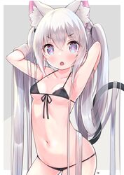  animal_ear_fluff animal_ears armpits arms_behind_head arms_up bikini black_bikini breasts cat_ears cat_girl cat_tail extra_ears female hands_in_hair highres long_hair looking_at_viewer navel open_mouth original pink_eyes siragagaga small_breasts solo swimsuit tail twintails very_long_hair white_hair 