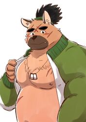  2020 anthro belly blush canid canine canis domestic_dog hi_res humanoid_hands kemono kick_(artist) lifewonders male mammal moobs nipples overweight overweight_anthro overweight_male scar simple_background solo tokyo_afterschool_summoners white_background yasuyori_(tas) 