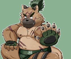  2020 6:5 anthro belly black_nose blush brown_body brown_fur canid canine canis cute_fangs domestic_dog fur green_background hi_res humanoid_hands kemono lifewonders male mammal mohumohudansi moobs nipples overweight overweight_anthro overweight_male scar simple_background solo sumo tokyo_afterschool_summoners yasuyori_(tas) 