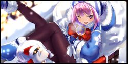  ;d bag black_pantyhose blue_coat blue_gloves blurry blurry_background blurry_foreground blush coat commentary_request fate/grand_order fate_(series) female fur-trimmed_coat fur_trim gift_bag gloves helena_blavatsky_(christmas)_(fate) helena_blavatsky_(fate) holding holding_bag long_sleeves looking_at_viewer medium_hair one_eye_closed open_mouth pantyhose pink_hair purple_eyes sitting smile snowflakes solo tsuuhan white_bag 