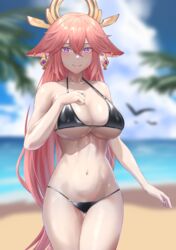  absurdres animal_ears bare_arms bare_shoulders beach bikini black_bikini blue_sky blurry blurry_background blush breasts cleavage cloud collarbone commentary_request cowboy_shot day earrings female fox_ears genshin_impact hair_between_eyes halterneck hand_on_own_chest highres jewelry large_breasts long_hair looking_at_viewer navel ocean oinari_(koheihei1109) outdoors partial_commentary pink_hair purple_eyes sky smile solo standing stomach swimsuit thighs very_long_hair water yae_miko 