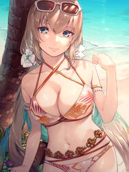  armlet beach belly_chain bikini blonde_hair blue_eyes breasts cleavage closed_mouth collarbone commentary criss-cross_halter day eyewear_on_head female flower hair_between_eyes hair_flower hair_ornament halterneck highres jewelry long_hair looking_at_viewer low_twintails medium_breasts navel outdoors print_bikini smile solo summer sunglasses swimsuit tales_of_(series) tales_of_crestoria twintails ubo_(ubo_tales) very_long_hair white-framed_eyewear white_bikini white_flower yuna_azetta 