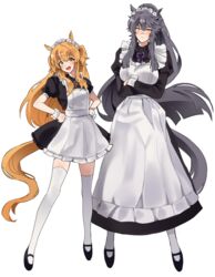  2girls absurdres alternate_costume animal_ears apron bad_id bad_pixiv_id bandaid bandaid_on_face bandaid_on_nose black_dress black_footwear blush breasts closed_mouth commentary crossed_arms dress enmaided full_body hands_on_own_hips highres horse_ears horse_girl horse_tail juliet_sleeves large_breasts long_hair long_skirt long_sleeves looking_at_viewer maid maid_apron maid_headdress mayano_top_gun_(umamusume) multiple_girls narita_brian_(umamusume) neck_ribbon orange_hair ponytail puffy_short_sleeves puffy_sleeves ribbon shoes short_sleeves simple_background skirt smile symbol-only_commentary tail teeth thighhighs two_side_up umamusume unneul upper_teeth_only white_background wrist_cuffs yellow_eyes zettai_ryouiki 