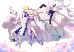  2boys 2girls :d :o arthur_pendragon_(fate) arthur_pendragon_(white_rose)_(fate) artoria_pendragon_(fate) black_neckwear black_suit blue_neckwear blush breasts capelet cleavage closed_eyes collarbone commentary couch dress fate/grand_order fate/grand_order_arcade fate/prototype fate_(series) flower formal fou_(fate) green_ribbons hair_between_eyes highres kawasumi_ayako large_breasts long_hair merlin_(fate) merlin_(fate/prototype) multiple_boys multiple_girls necktie on_couch open_mouth purple_dress purple_eyes ribbon rose saber_(fate) saber_(formal_dress)_(fate) sandwiched sitting smile suit tiara tsuyukusa_(eeta7273) voice_actor_connection white_capelet white_dress white_hair white_suit 