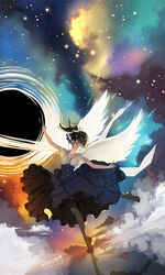  absurdres aura closed_eyes cloud colorful crescent dancing female frilled_skirt frills galaxy hair_ribbon highres jewelry leg_warmers multicolored multicolored_background necklace original ponytail ribbon saturn_(planet) short_sleeves skirt sky star_(sky) starry_sky vierzeck wings 