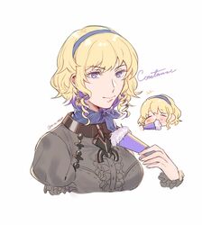  blonde_hair blue_eyes character_name closed_mouth colored_inner_hair constance_von_nuvelle drill_hair earrings female fire_emblem fire_emblem:_three_houses garreg_mach_monastery_uniform hand_fan highres holding jewelry multicolored_hair purple_hair simple_background smile solo twin_drills two-tone_hair uniform upper_body white_background yukari_(bryleluansing) 