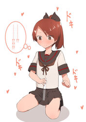  !? ... @_@ anchor_symbol asymmetrical_bangs black_ribbon black_sailor_collar black_skirt blush brown_eyes brown_hair check_commentary closed_mouth collarbone commentary commentary_request female hair_ribbon highres holding_ruler kantai_collection long_hair penis_measuring pleated_skirt ponytail ribbon ruler sailor_collar school_uniform serafuku shikinami_(kancolle) short_sleeves skirt solo thought_bubble tiger_(tiger-kimu) translation_request white_background 