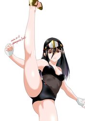  ass_visible_through_thighs axe_kick bare_arms bare_legs bare_shoulders black_hair black_one-piece_swimsuit breasts brown_eyes closed_mouth commentary_request covered_navel cowboy_shot female fingerless_gloves gloves hair_between_eyes hair_down high_heels highres kneepits long_hair looking_at_viewer medium_breasts morag_ladair_(obligatory_leave)_(xenoblade) morag_ladair_(xenoblade) nayuta-kanata official_alternate_costume one-piece_swimsuit see-through_one-piece_swimsuit solo split standing standing_on_one_leg standing_split swimsuit thighs visor_cap white_gloves xenoblade_chronicles_(series) xenoblade_chronicles_2 