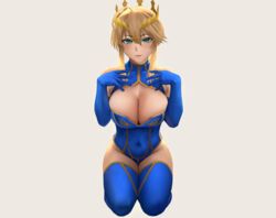  artoria_pendragon_(all) artoria_pendragon_(lancer) blonde_hair breasts cleavage cross crown elbow_gloves fate/grand_order fate_(series) gloves gray green_eyes leotard short_hair skintight thighhighs 