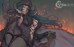  blue_eyes blue_hair breasts commentary cutesexyrobutts em8er female gloves grin hat highres jacket jacket_on_shoulders large_breasts long_hair looking_at_viewer looking_down lucretia_(em8er) navel scar smile solo thighs very_long_hair 