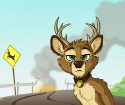  anthro antlers bell bell_collar brown_body brown_fur car_accident clothed clothing collar deer deer_crossing fire fur green_eyes half-closed_eyes horn looking_at_viewer male mammal narrowed_eyes outside smoke solo tirrel tirrel_(tirrel) topless whiskers 