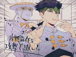  2boys black_hair crop_top diamond_wa_kudakenai earrings green_eyes hat headband heaven&#039;s_door highres jewelry jojo4_hd jojo_no_kimyou_na_bouken kishibe_rohan male_focus midriff multiple_boys nib_pen_(medium) stand_(jojo) top_hat traditional_media undercut 