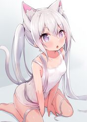  animal_ear_fluff animal_ears breasts cat_ears cat_girl cat_tail extra_ears female highres long_hair one-piece_swimsuit open_mouth original pink_eyes school_swimsuit siragagaga sitting small_breasts solo strap_slip swimsuit tail thighs twintails very_long_hair white_hair white_one-piece_swimsuit 