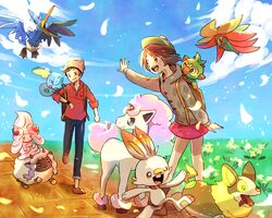  1boy :d bird blue_sky brown_eyes brown_hair cloud cramorant day female flat_chest flower flying galarian_ponyta gloria_(pokemon) gossifleur grass grookey hat highres horns mizuto_(o96ap) open_mouth outdoors pokemon pokemon_(creature) pokemon_on_arm pokemon_on_back pokemon_swsh scorbunny short_hair single_horn sky smile sobble standing starter_pokemon_trio unicorn victor_(pokemon) walking wooloo yamper 