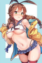  alternate_costume bangs bare_shoulders black_neckwear black_panties blush braid breasts brown_hair buttons closed_mouth cosplay cowboy_shot crop_top eyebrows_visible_through_hair female green_eyes hair_ornament hair_ribbon hairband highleg highleg_panties jacket kantai_collection konnyaku_(kk-monmon) large_breasts long_hair long_sleeves looking_at_viewer microskirt navel neckerchief nose_blush noshiro_(kantai_collection) panties ribbon sailor_collar school_uniform serafuku shimakaze_(kantai_collection) shimakaze_(kantai_collection)_(cosplay) simple_background skindentation skirt solo striped striped_legwear sweatdrop swept_bangs thighhighs tress_ribbon twin_braids two-tone_background underboob underwear white_background 