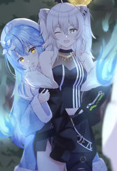  2girls ;d ahoge animal_ears arm_hug bare_shoulders behind_another black_jacket black_pantyhose black_shirt blue_hair blush breasts cleavage commentary_request cowboy_shot crop_top ear_piercing facing_viewer fur-trimmed_jacket fur_trim ghost grey_eyes grey_hair grey_skirt hair_between_eyes hiding hiding_behind_another highres hitodama hololive jacket jewelry large_breasts lion_ears lion_girl lion_tail long_hair looking_at_another messy_hair miniskirt multiple_girls necklace oerba_yun_fang off_shoulder one_eye_closed open_mouth pantyhose partially_unzipped piercing scared see-through see-through_cleavage shirt shishiro_botan shishiro_botan_(1st_costume) sidelocks single_leg_pantyhose skin_tight skirt sleeveless sleeveless_shirt smile tail torn_clothes torn_pantyhose two_side_up virtual_youtuber will-o&#039;-the-wisp_(mythology) yukihana_lamy yukihana_lamy_(1st_costume) yuzuki4no zipper_skirt 