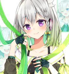  :d ;d ^_^ bare_shoulders black_gloves black_shirt blush braid closed_eyes closed_mouth collarbone commentary_request female fingerless_gloves gloves gradient_hair green_hair green_ribbons grey_hair hair_between_eyes half_gloves hand_up headphones maki_soutoki multicolored_hair multiple_views off-shoulder_shirt off_shoulder one_eye_closed open_mouth purple_eyes ribbon shirt smile virtual_youtuber white_background yuni_(yuni_channel) yuni_channel 