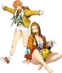  2girls backpack bag barefoot blush_stickers breasts brown_eyes brown_hair can cleavage clothes_writing elmel_erkin food full_body glasses gunila_groener hair_ornament hairclip holding holding_can jacket long_sleeves mouth_hold multiple_girls necktie no_bangs official_art open_clothes open_jacket open_mouth orange_eyes orange_hair outstretched_arms puzzle_piece_print round_eyewear shoes short_hair short_shorts shorts sitting sneakers spread_arms standing super_robot_wars super_robot_wars_x-omega teeth transparent_background upper_teeth_only watanabe_wataru_(character_designer) 