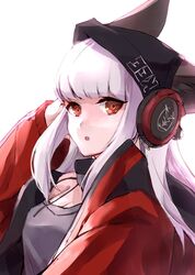  animal_ears arknights bad_id bad_twitter_id black_headwear commentary e-bushi ears_through_headwear female fox_ears from_side frostleaf_(arknights) grey_shirt hand_in_own_hair headphones_over_headwear highres jacket long_hair long_sleeves looking_at_viewer off-shoulder_shirt off_shoulder open_mouth oversized_clothes red_eyes red_jacket selfie shirt sidelocks simple_background solo upper_body white_background white_hair woollen_cap 