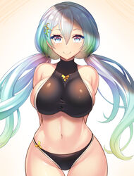  arms_behind_back bare_shoulders bikini black_bikini breasts closed_mouth commentary_request covered_collarbone cowboy_shot cupitan_(granblue_fantasy) cupitan_(summer)_(granblue_fantasy) female floating_hair gradient_hair granblue_fantasy green_eyes groin hair_between_eyes hair_ornament highres large_breasts long_hair looking_at_viewer low_twintails luupechi multicolored_eyes multicolored_hair navel rainbow_hair sideboob sidelocks smile solo standing stomach swimsuit taut_clothes taut_swimsuit twintails white_background 