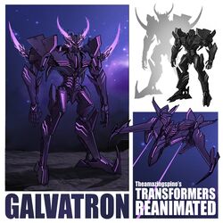  character_name decepticon energy_horns english_commentary flying galvatron horns kamitoge_supino mecha multiple_views no_humans purple_eyes redesign robot transformers 