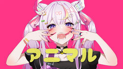  animal_(vocaloid) black_nails black_shirt collarbone fangs female hands_on_own_face highres jewelry kimae korean_commentary mixed-language_commentary na_sera nijisanji nijisanji_kr off-shoulder_shirt off_shoulder open_hands paw_hair_ornament pink_background pink_hair portrait purple_eyes ring saliva shirt song_name twintails virtual_youtuber 