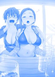  2girls alcohol arm_around_shoulder asymmetrical_hair beach_umbrella beer beer_mug bikini blue_theme breasts bursting_breasts cleavage commentary cup drinking_glass drunk earrings foam getsuyoubi_no_tawawa glasses highres himura_kiseki holding hood hoodie imminent_wardrobe_malfunction jacket jacket_over_swimsuit jewelry kouhai-chan_(tawawa) large_breasts light_blush looking_at_viewer medium_hair mole mole_under_eye mug multiple_girls navel o-ring o-ring_top open_clothes open_jacket open_mouth pov railing rikei-chan_(tawawa) short_hair single_sidelock sitting squeans sweat swimsuit table trembling umbrella wooden_table 