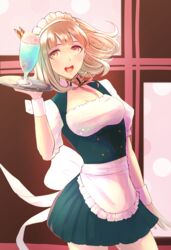  :d alternate_costume apron breasts brown_background brown_hair cleavage commentary_request danganronpa_(series) danganronpa_2:_goodbye_despair dress enmaided female food glass gradient_background green_dress grey_background hair_ornament holding holding_tray ice_cream large_breasts looking_at_viewer maid maid_headdress md5_mismatch medium_hair nanami_chiaki pink_eyes puffy_short_sleeves puffy_sleeves riou_(pooh920) short_dress short_sleeves smile solo teeth tray upper_teeth_only waist_apron wrist_cuffs 